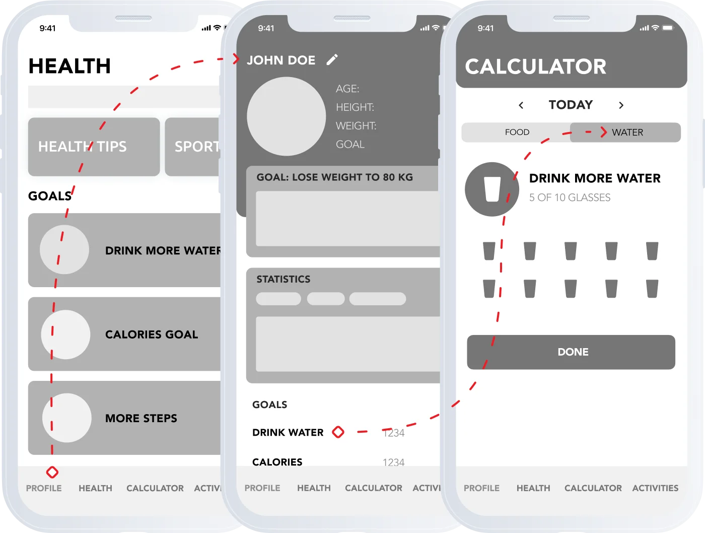 three fitness app mobile screens