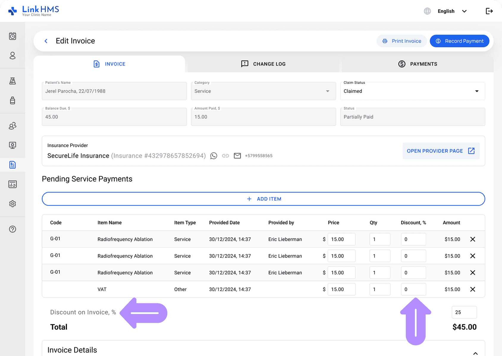 LinkHMS applying discount