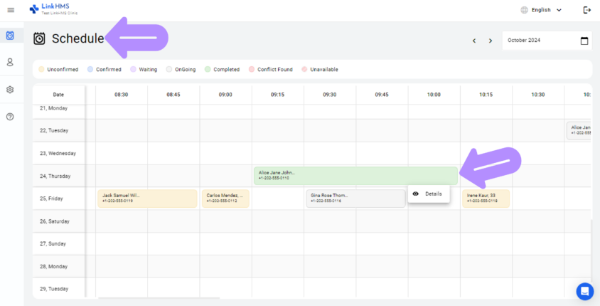 LinkHMS appointment details