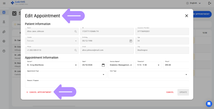 LinkHMS cancel an appointment