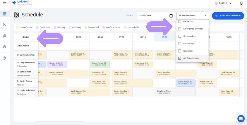 LinkHMS filter by doctors and departments