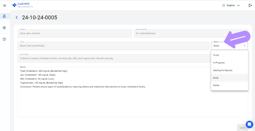LinkHMS lab test status
