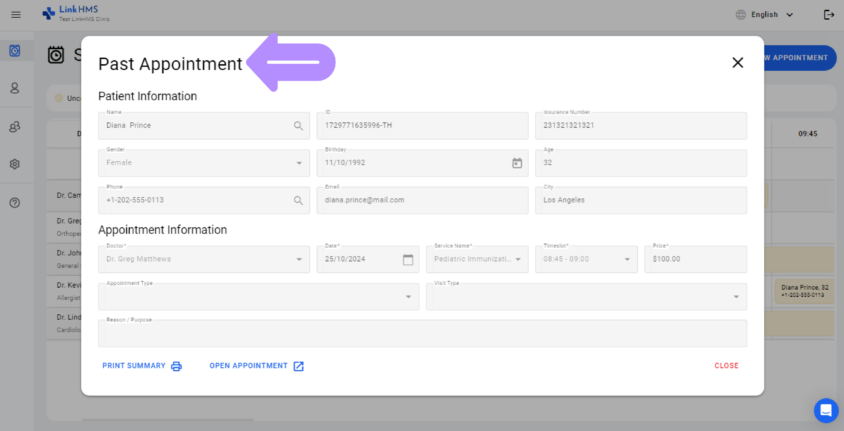 LinkHMS past appointment