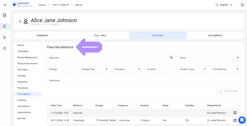 LinkHMS prescribe medicine