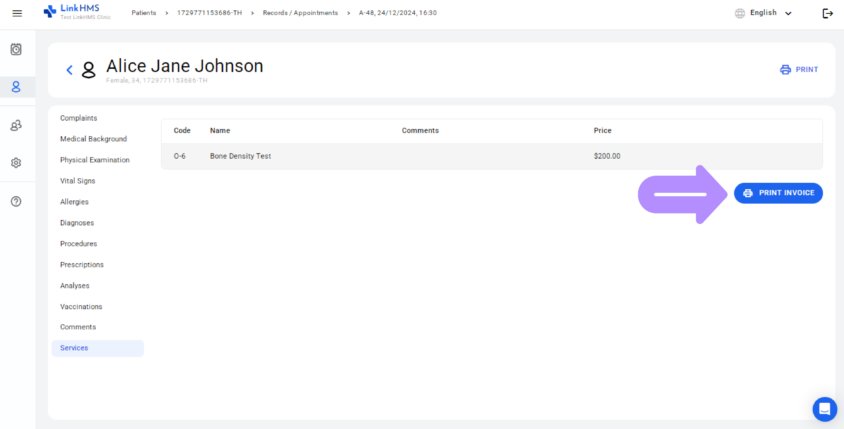 LinkHMS print invoice button