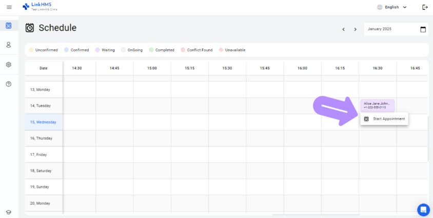 LinkHMS start appointment