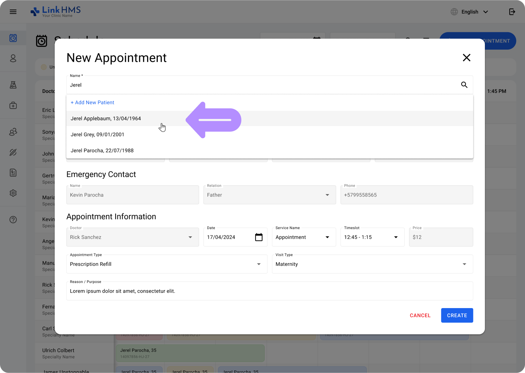 LinkHMS appointments with individual practitioners