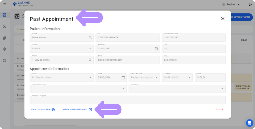 LinkHMS apppontment summary print