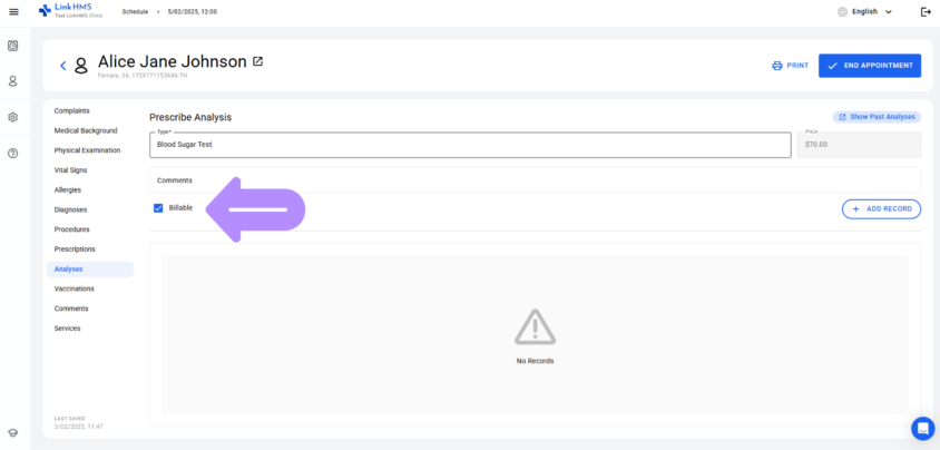 LinkHMS billable lab tests