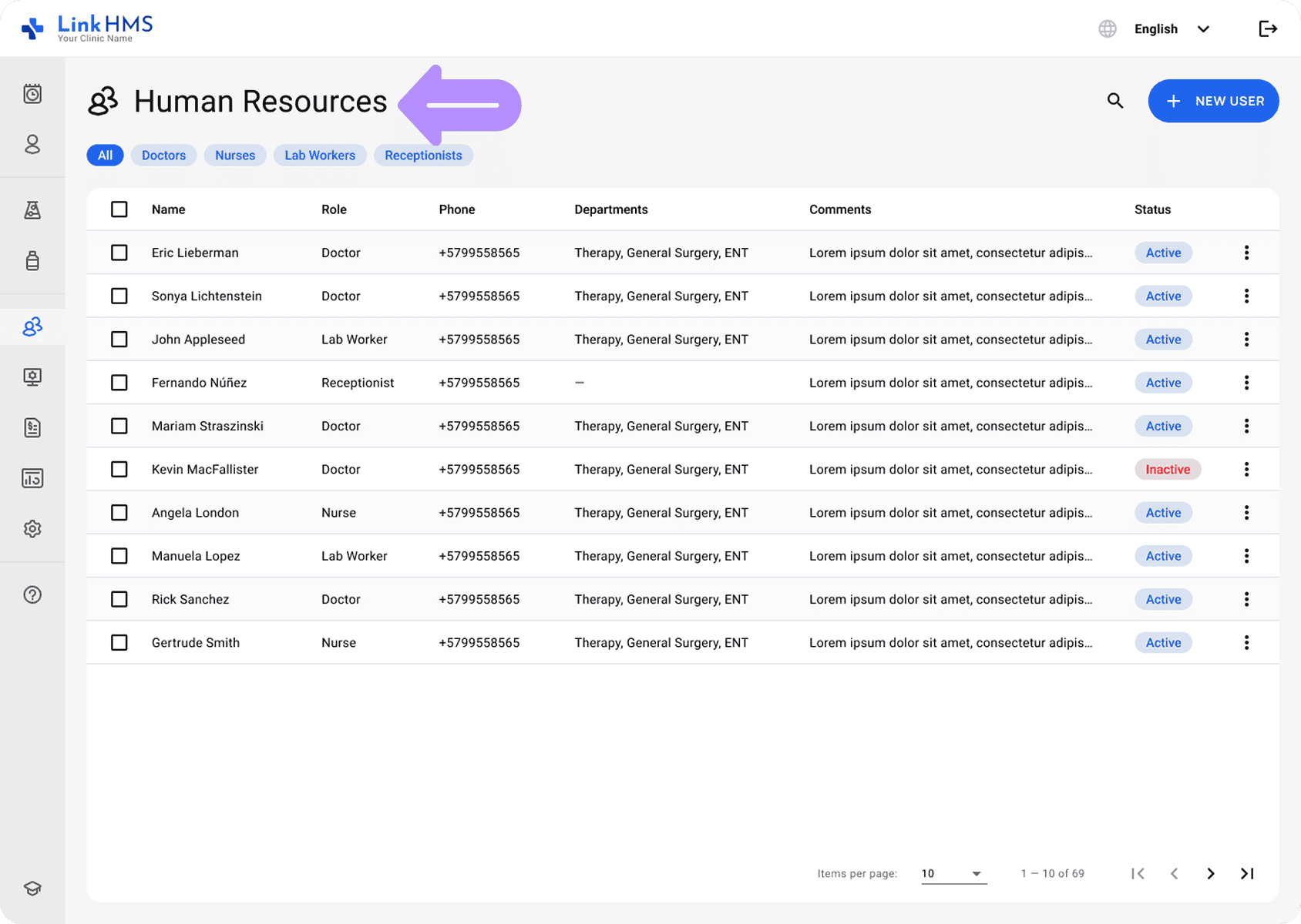 LinkHMS human resourses tab
