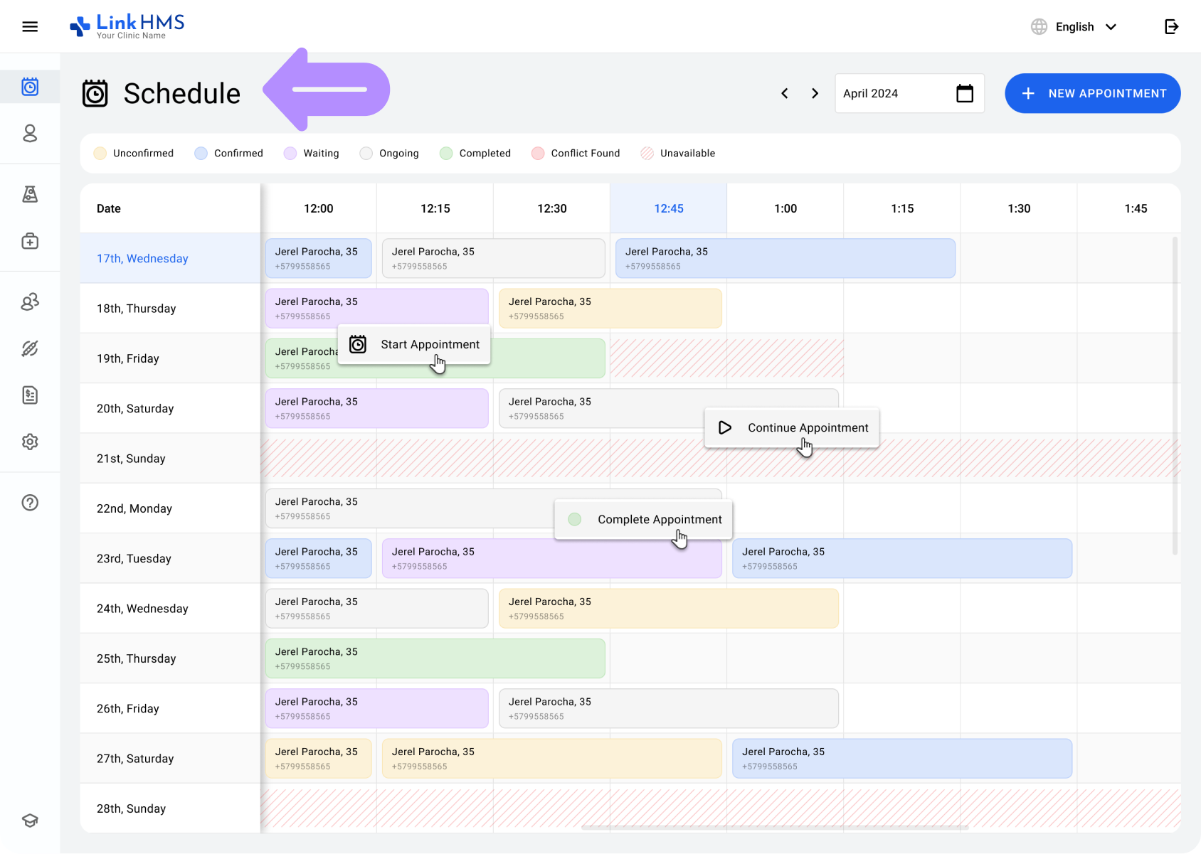 LinkHMS individual practitioner schedule