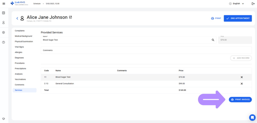 LinkHMS print visit and lab test ivoice