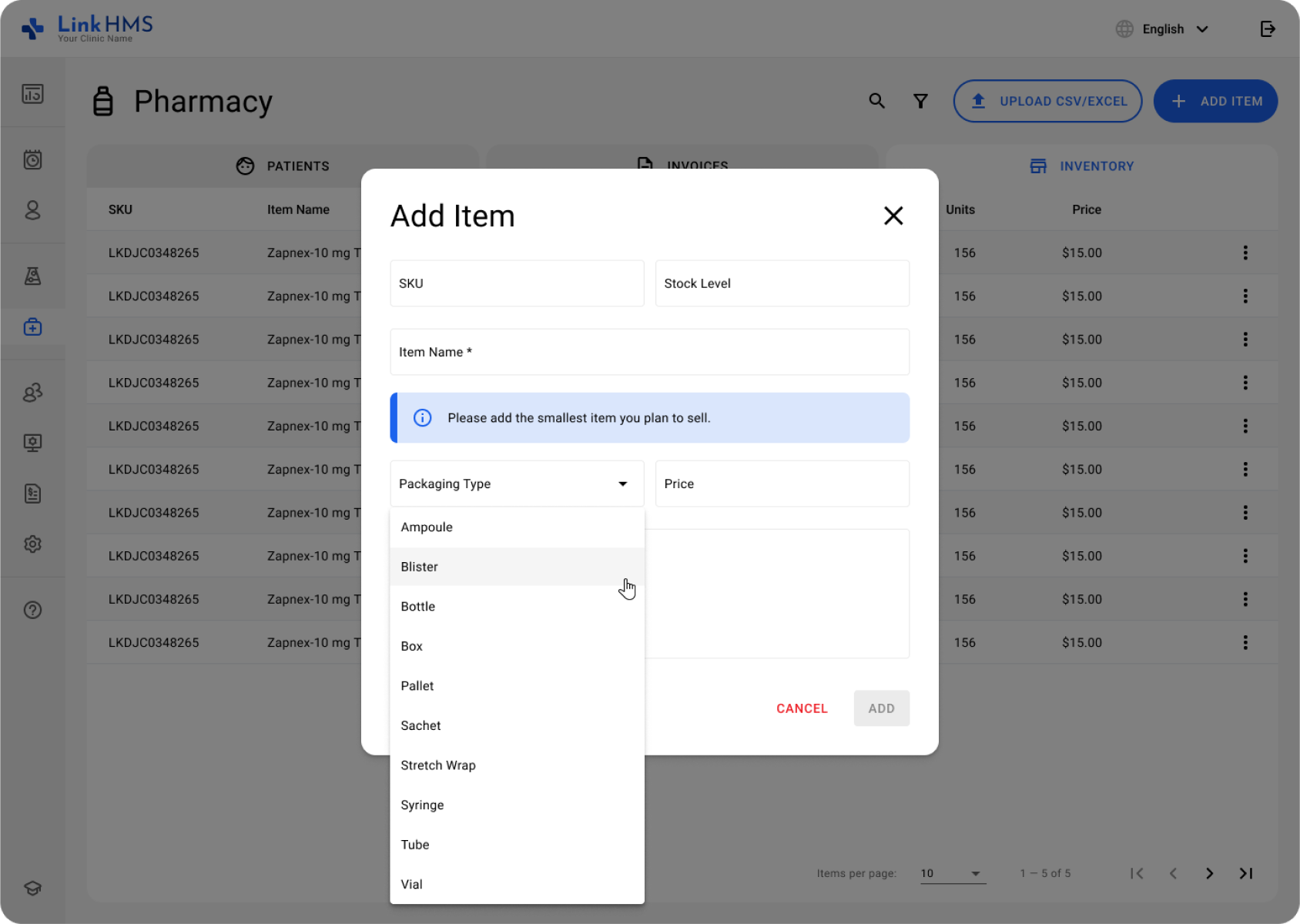 LinkHMS add item