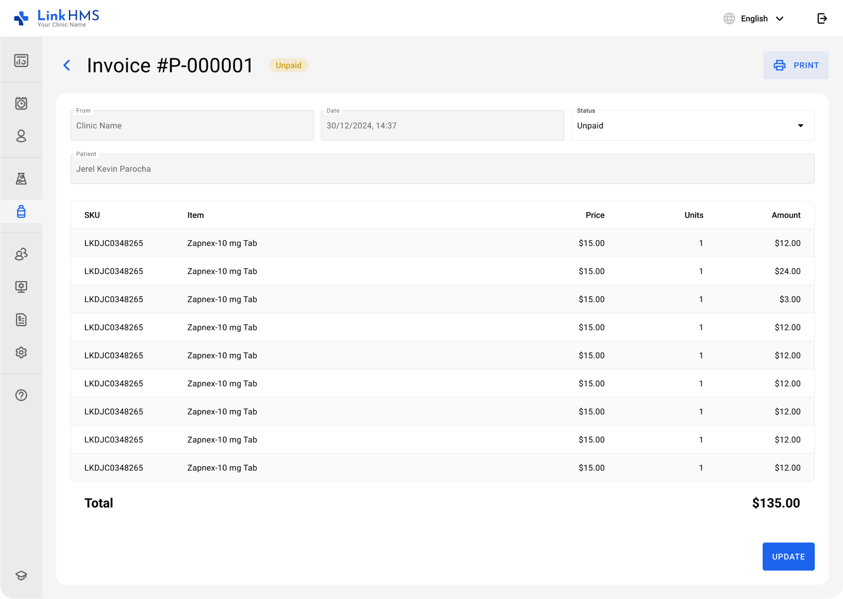 LinkHMS prescription order invoice