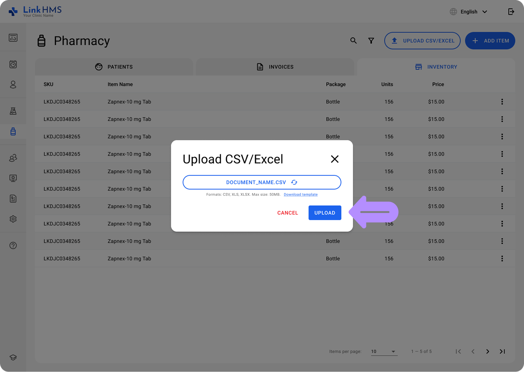 LinkHMS pharmacy inventory upload