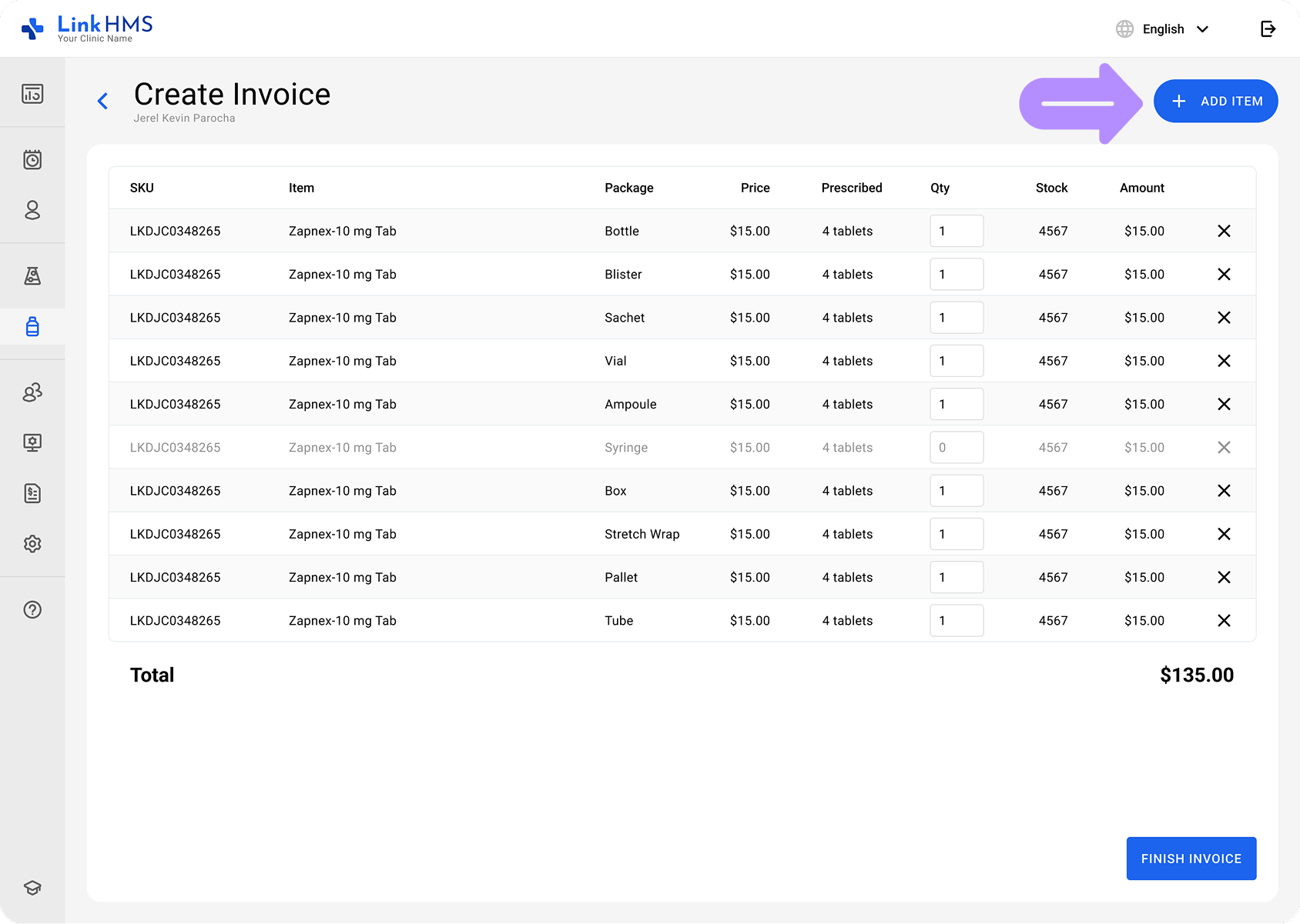 LinkHMS prescription invoice