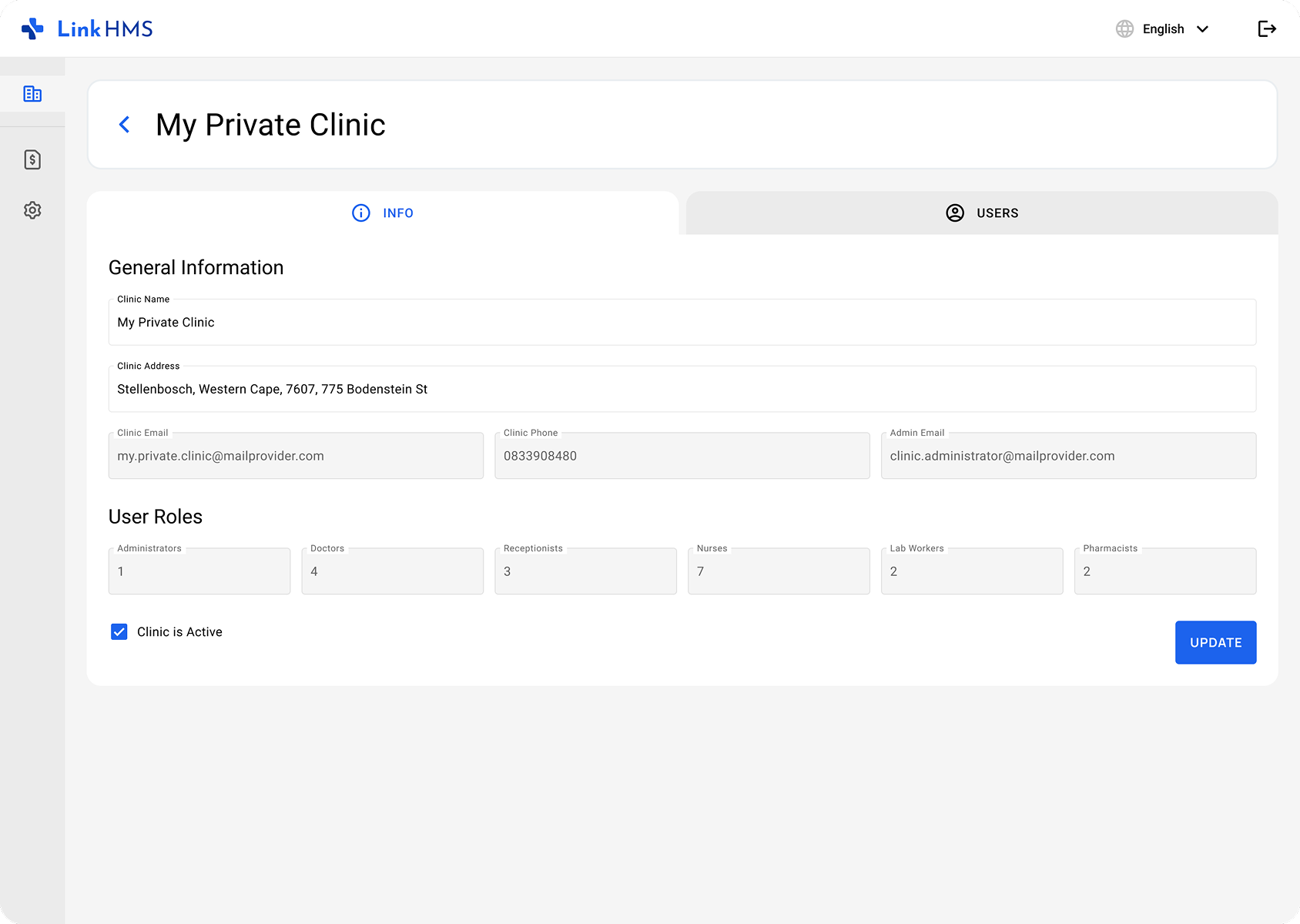 LinkHMS clinic profile - reseller portal