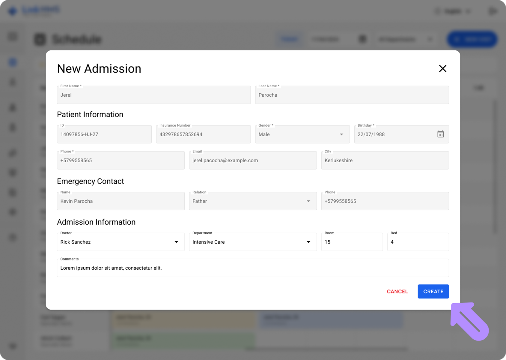 LinkHMS fill the admission details