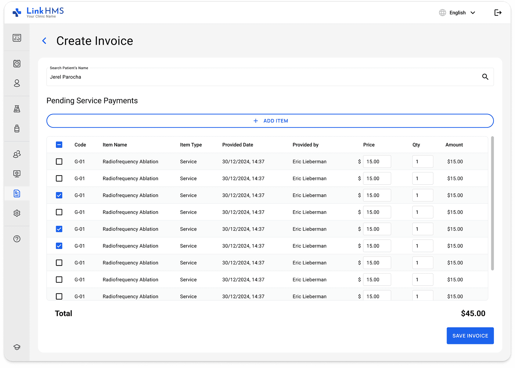 LinkHMS create and save invoices