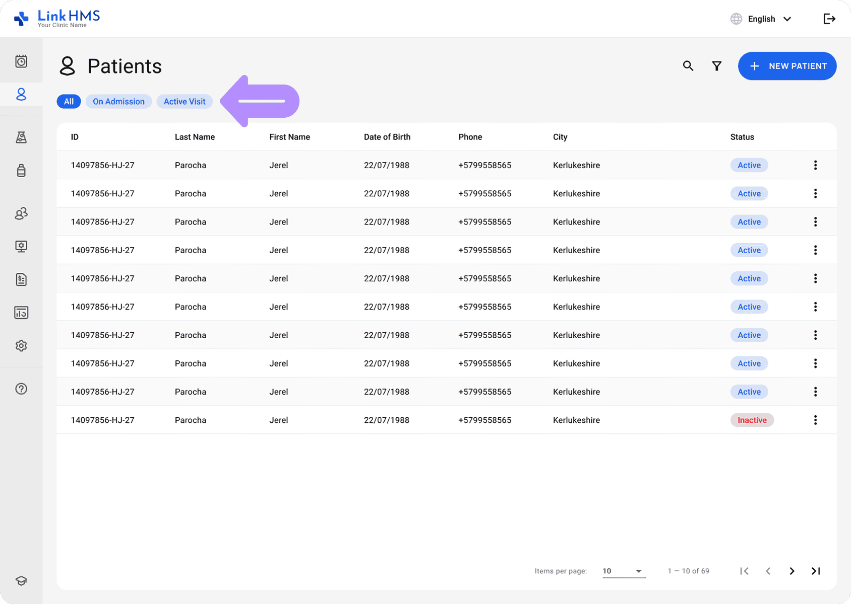 LinkHMS patient filtering