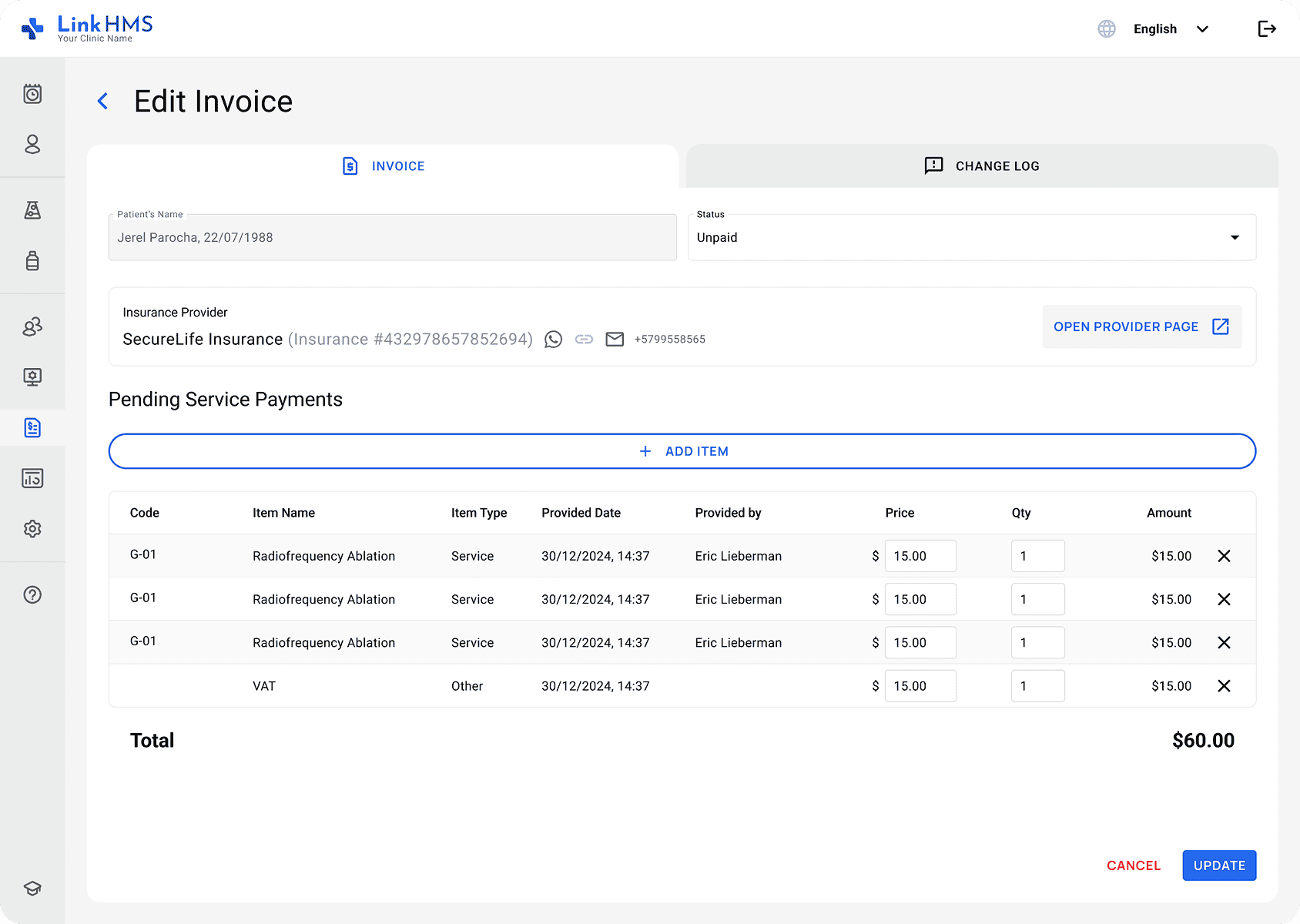 LinkHMS insurance details in invoices