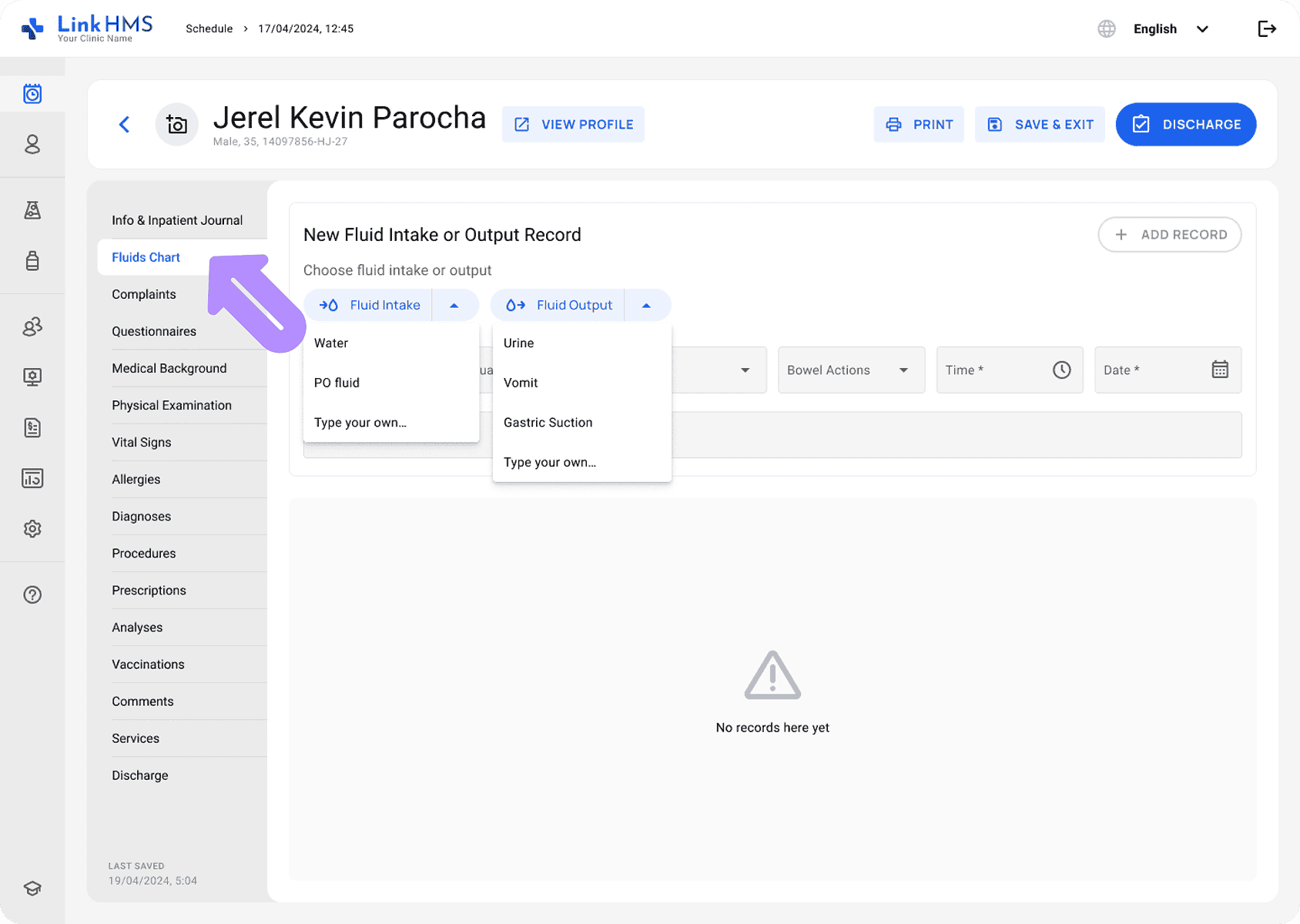 LinkHMS fluid charts tab