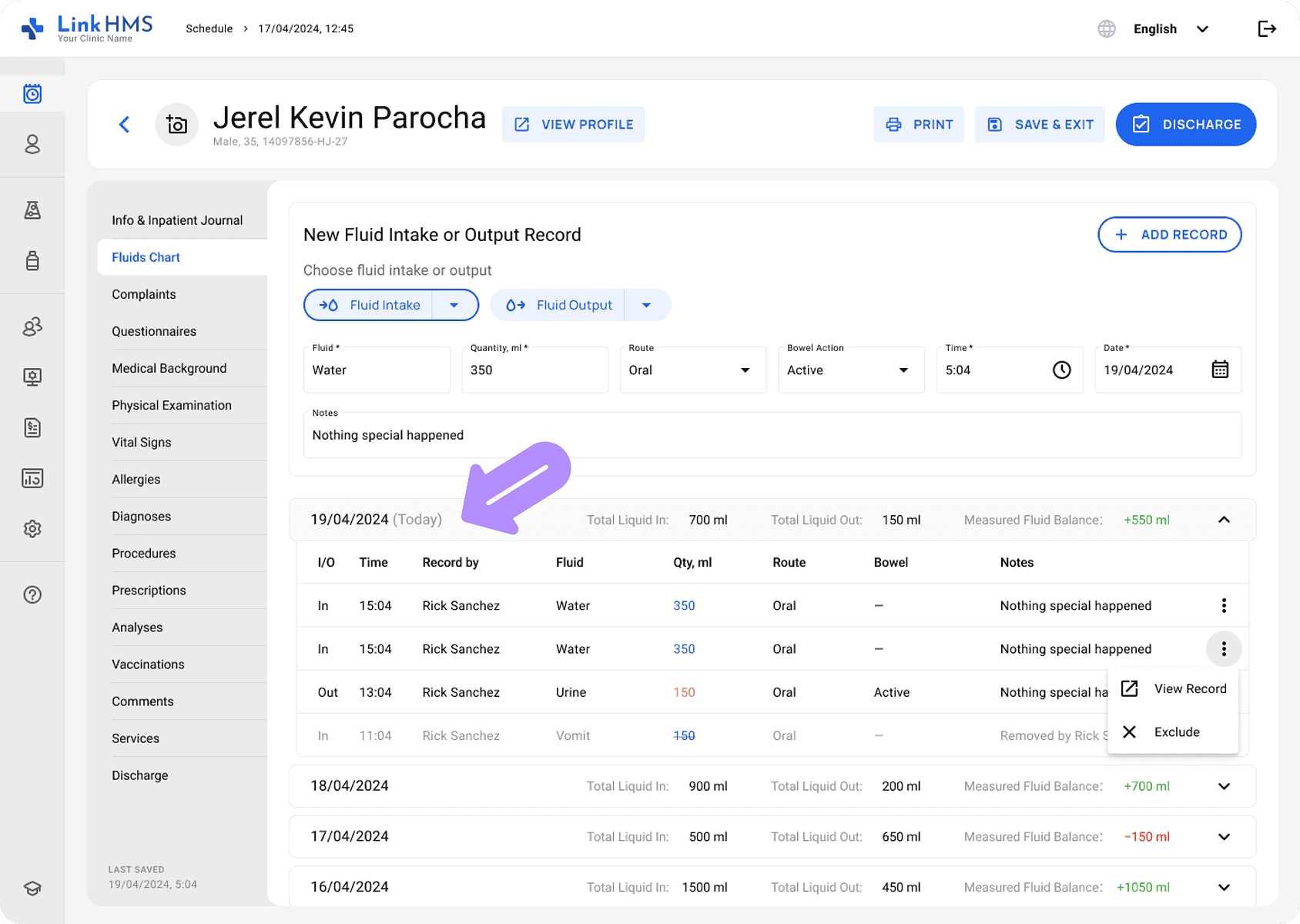 LinkHMS fluid history by admission day