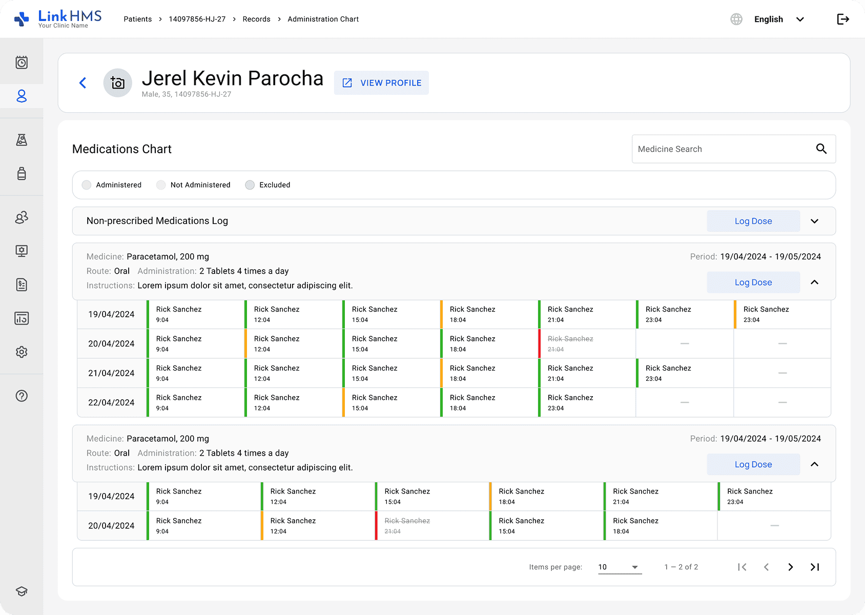 LinkHMS drug administration statuses