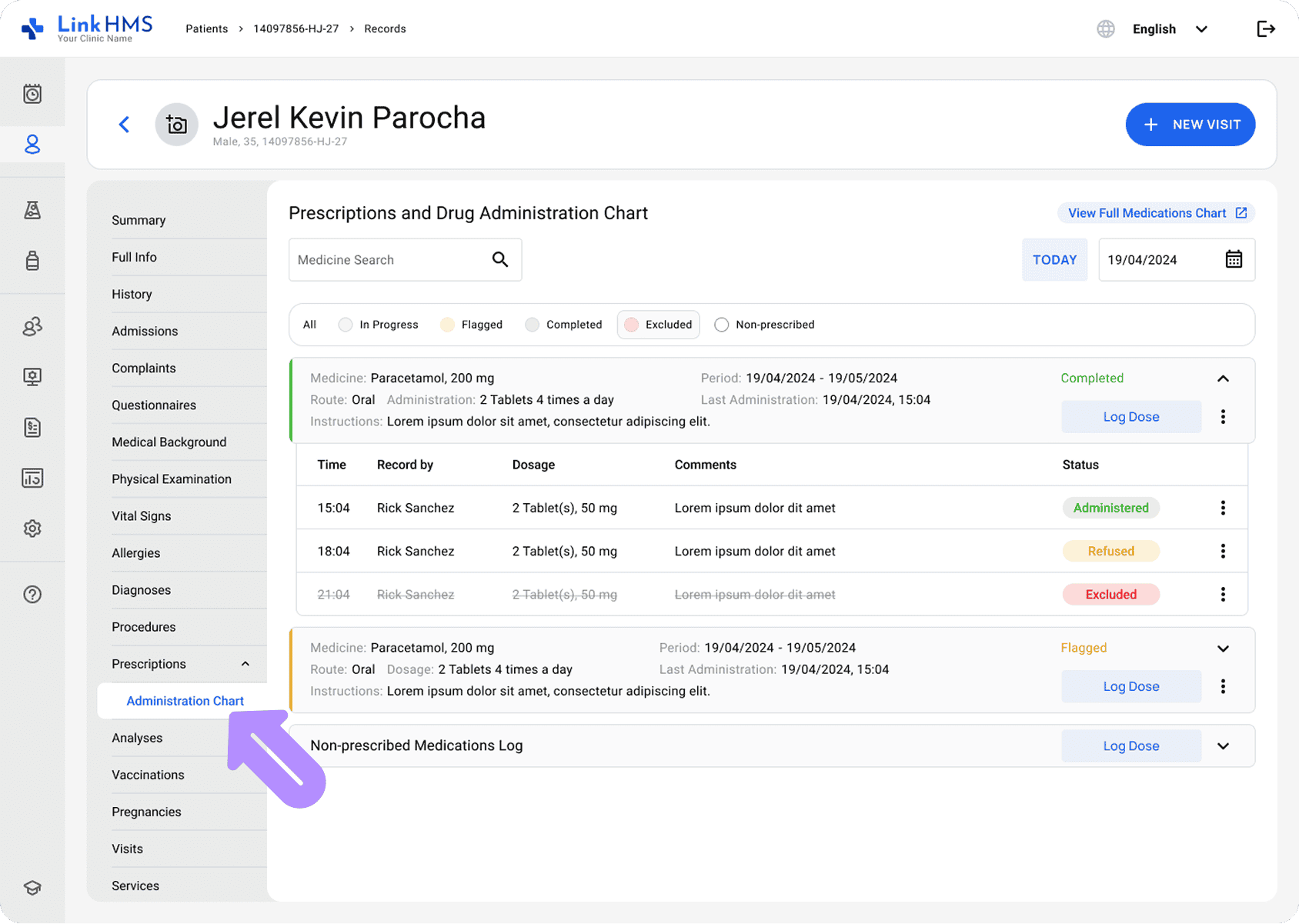 LinkHMS drug administration tab
