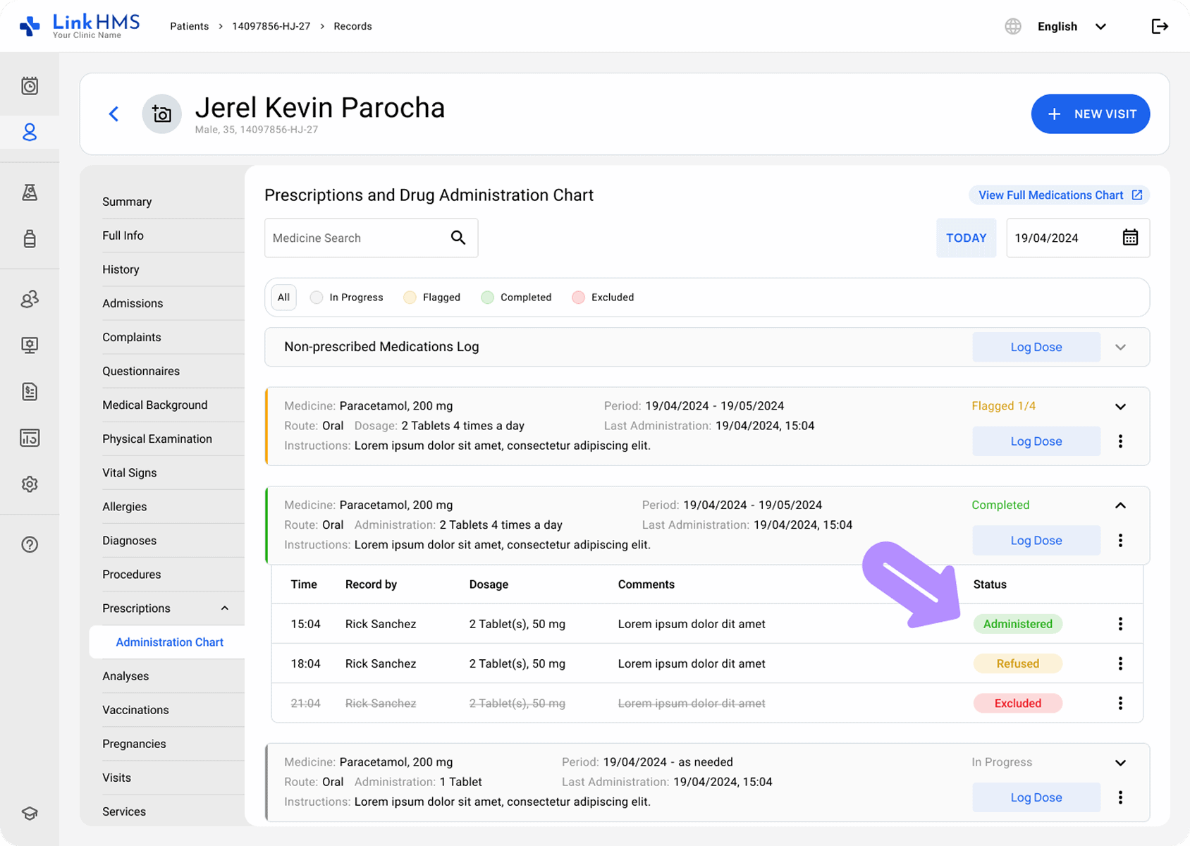 LinkHMS medication statuses and color-coding