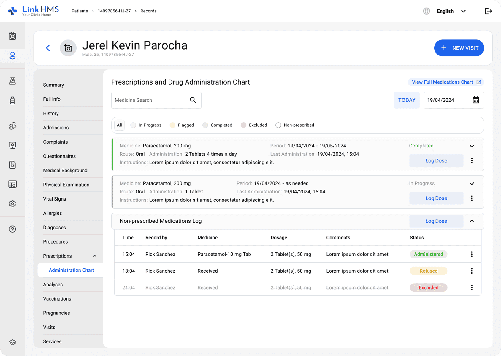 LinkHMS prescriptions nad drugs administration chart