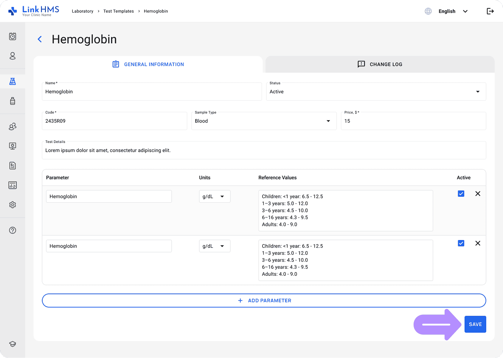 LinkHMS edit lab tests