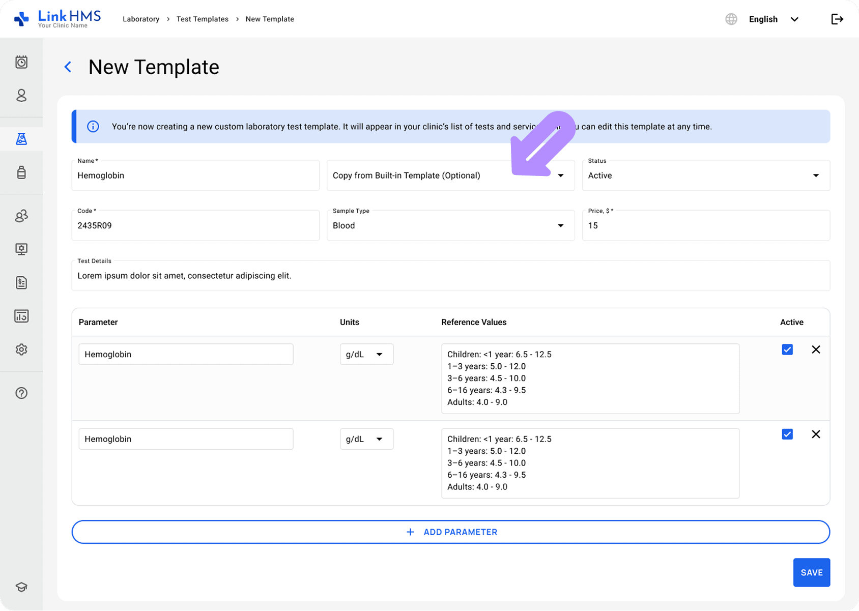 LinkHMS template-based test creation