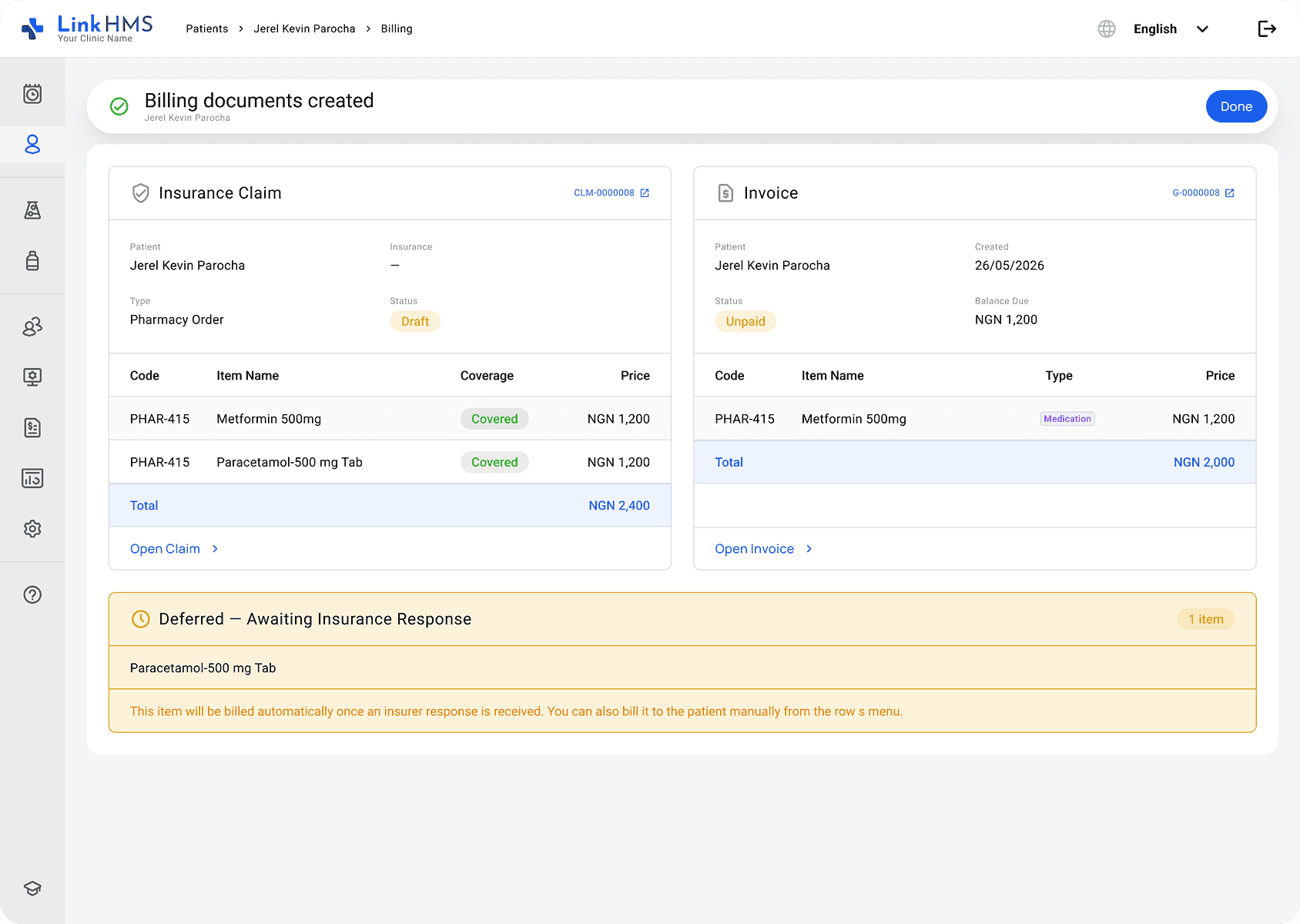 LinkHMS claims and invoices