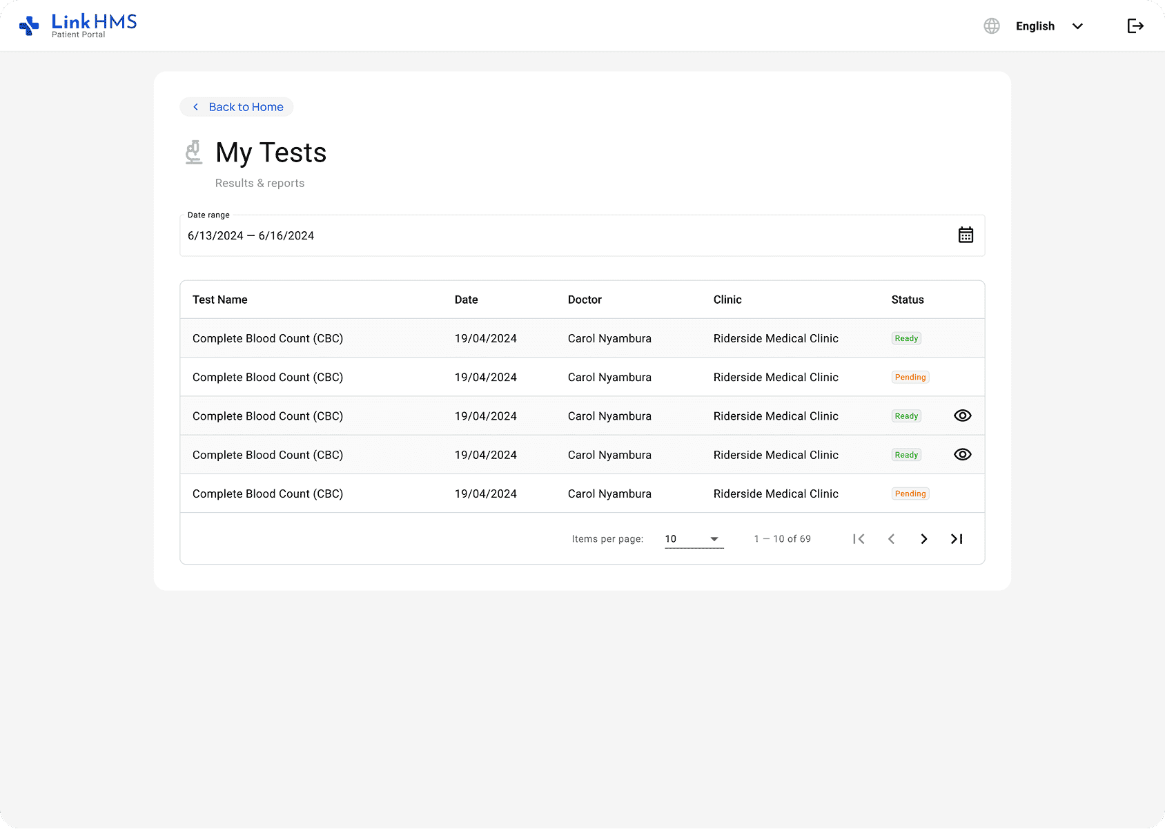 LinkHMS patient portal - lab tests